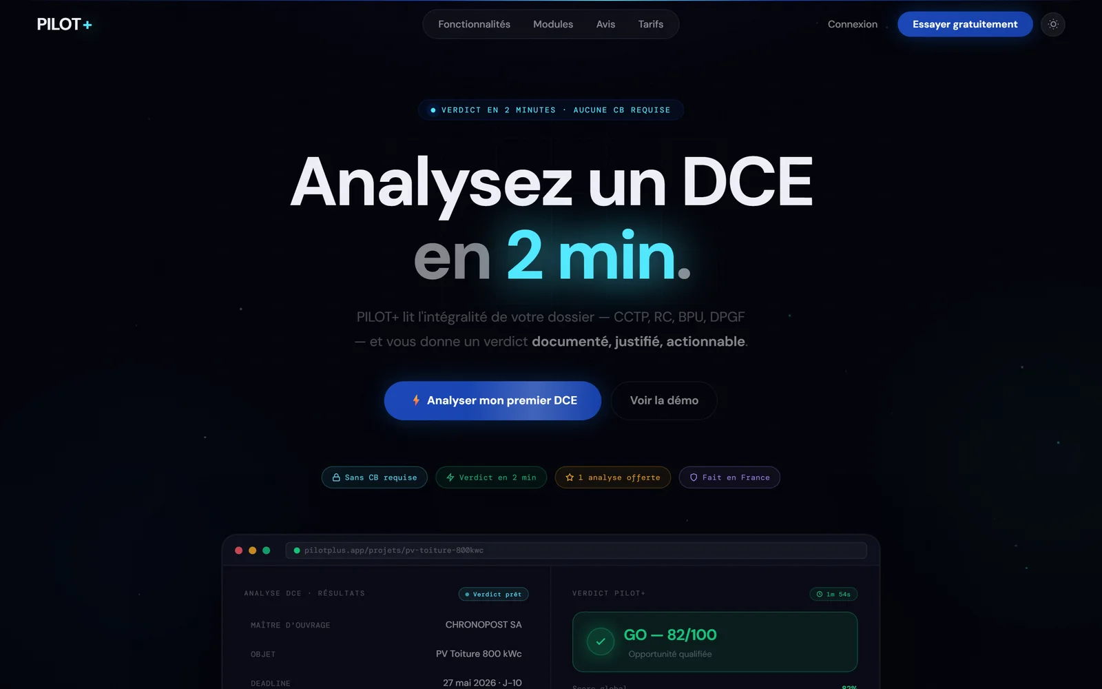 Page d'accueil de PILOT+ : analysez un DCE en 2 minutes