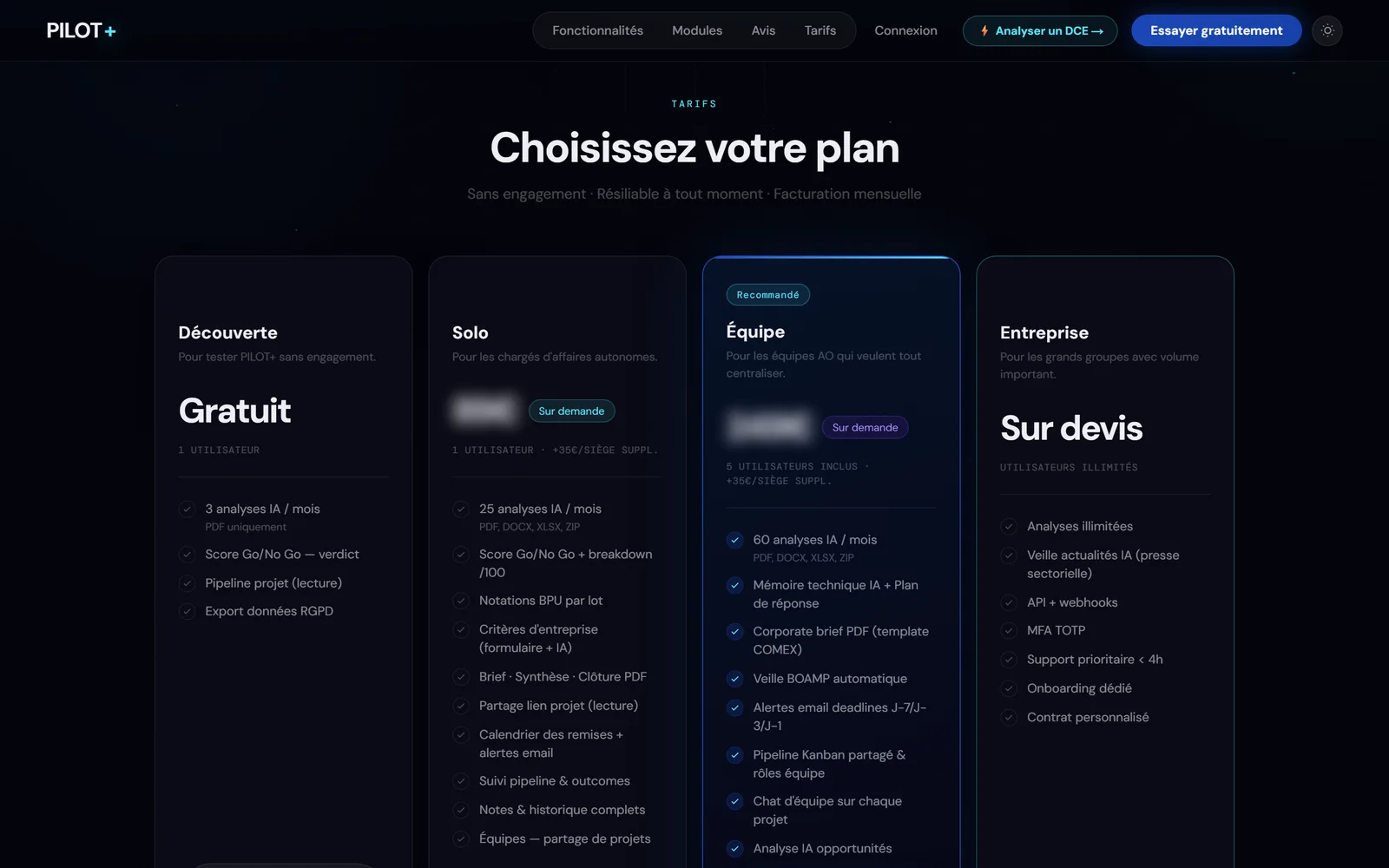 Grille tarifaire de PILOT+