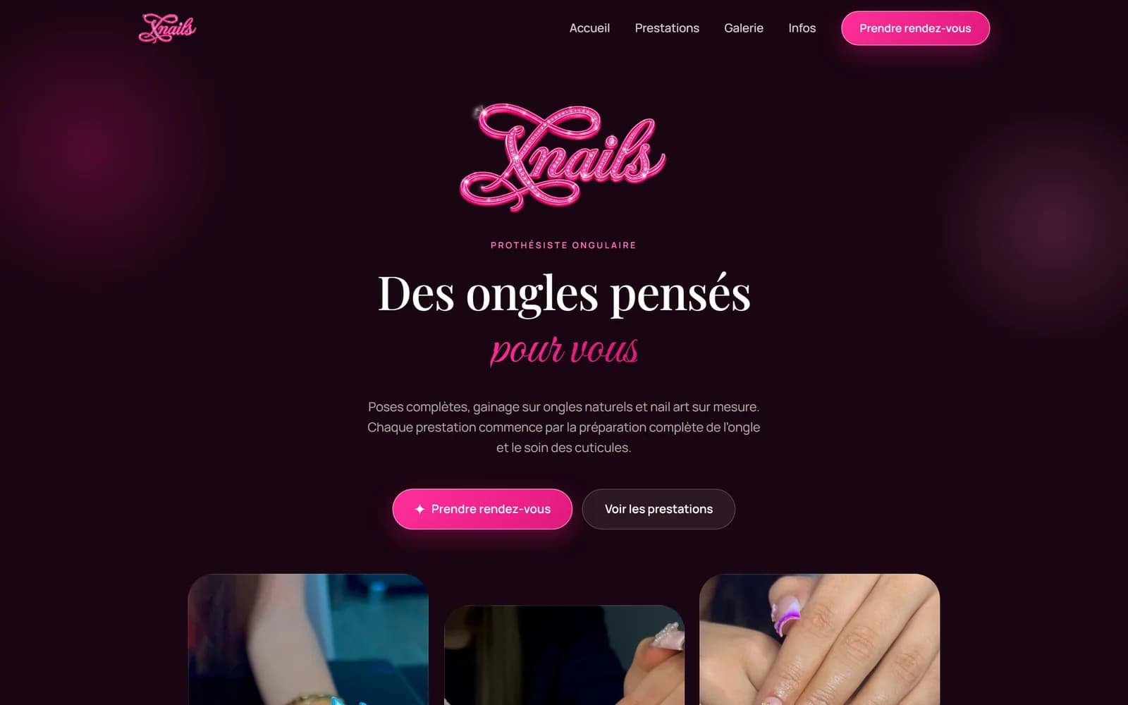 Page d'accueil de X Nails, logo néon et réalisations