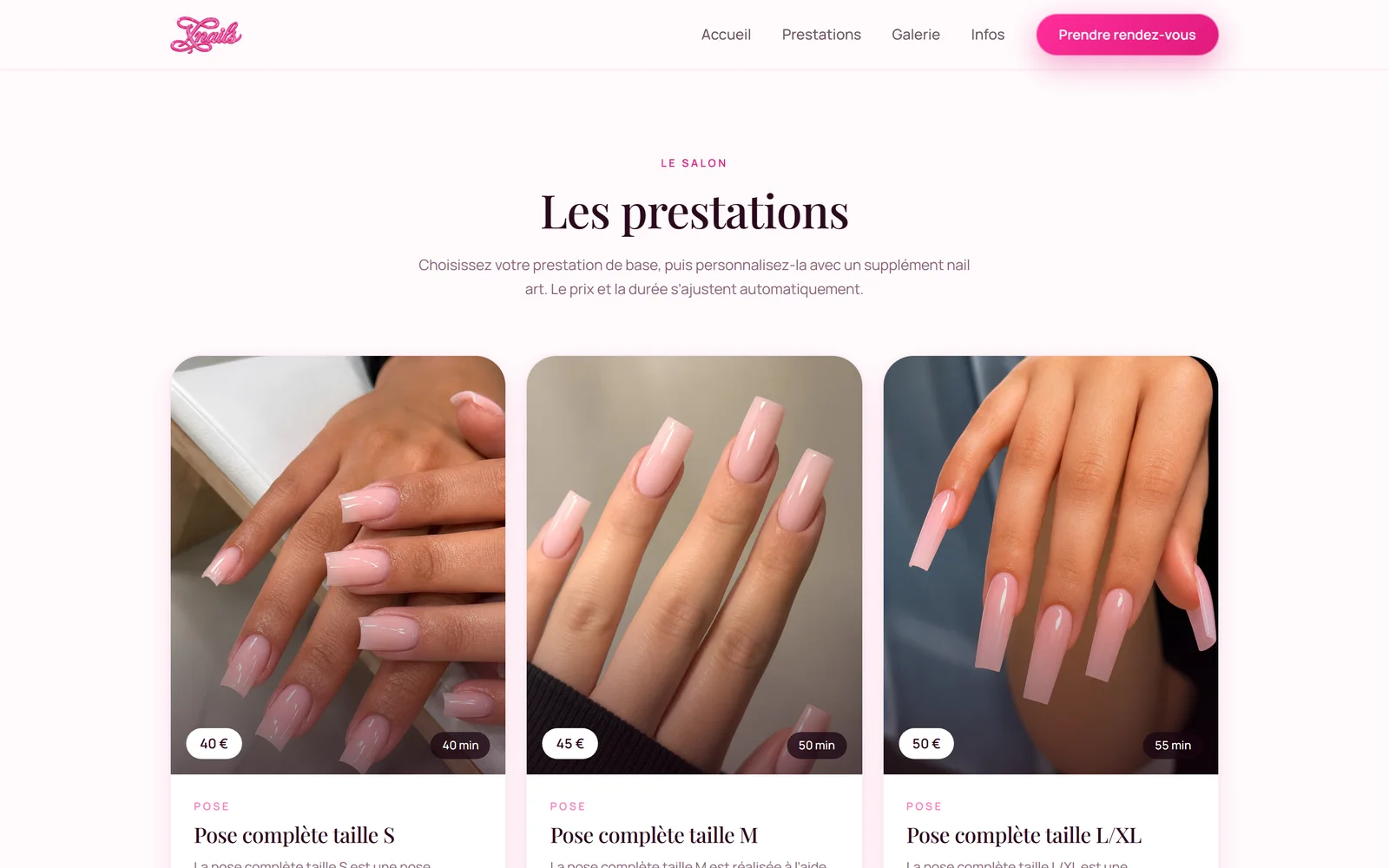 Catalogue des prestations X Nails avec prix et durées